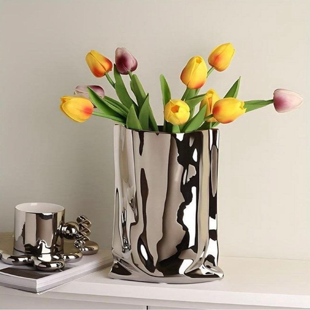 Paper Bag Ceramic Vase - Silver "Le Papier"