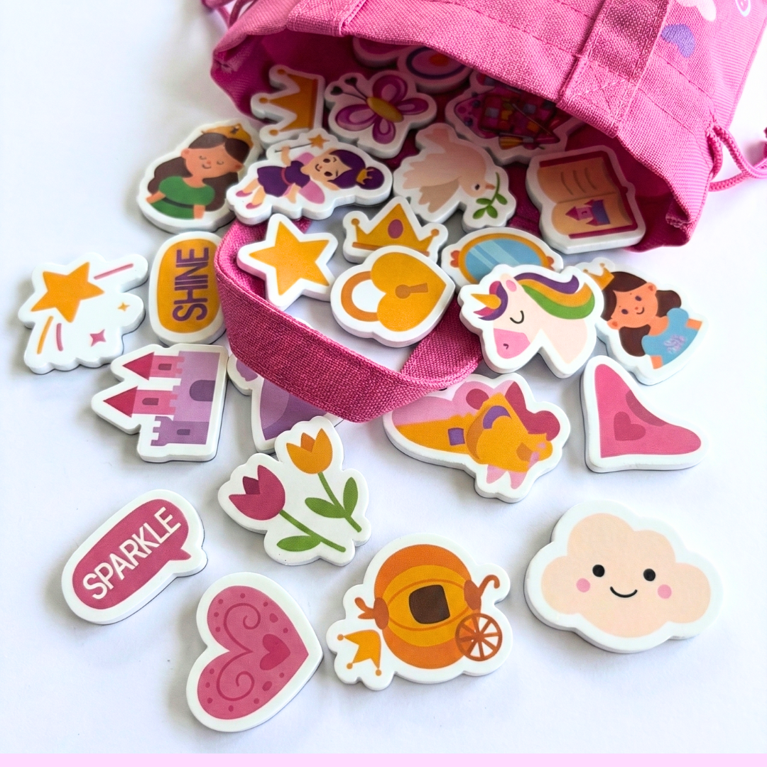 Colorful children's stickers with a pink container on a white background