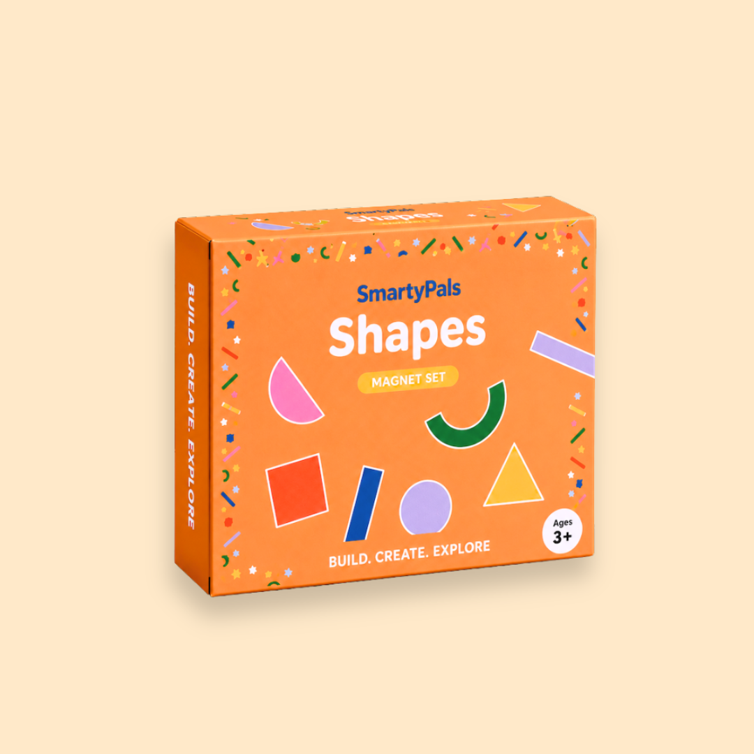 An orange product box for the SmartyPals Shapes Magnet Set, featuring colorful geometric shapes and confetti illustrations on a light beige background.