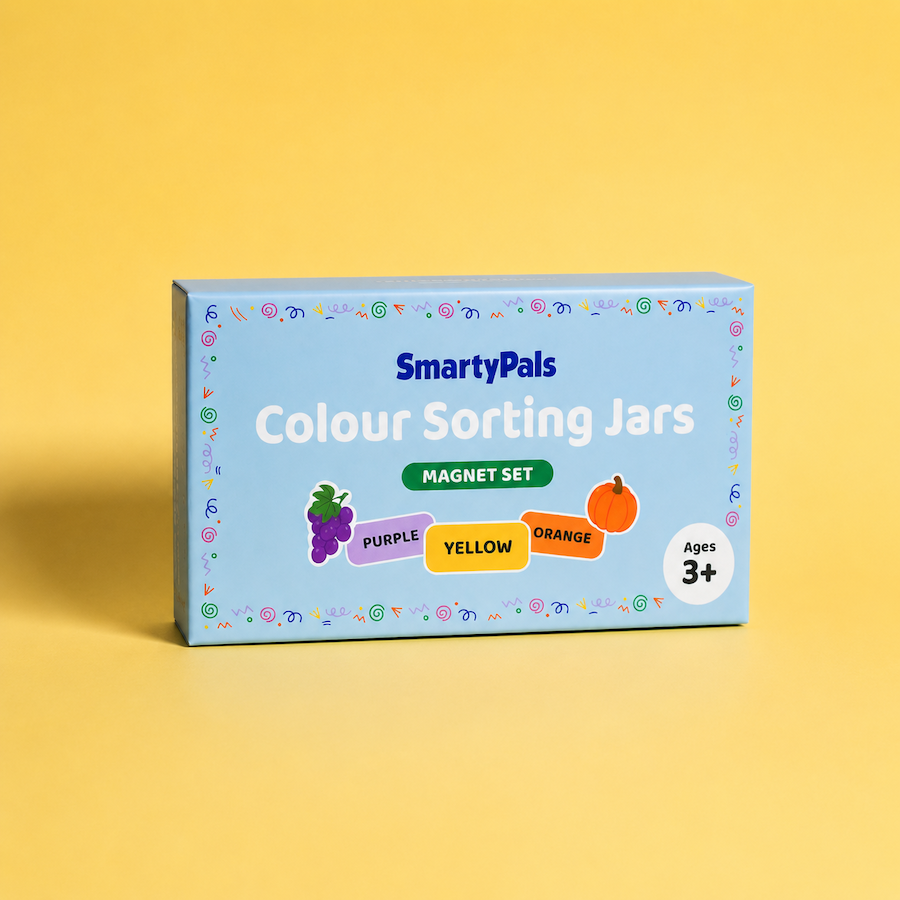 Box of SmartyPals Colour Sorting Jars magnet set on a yellow background