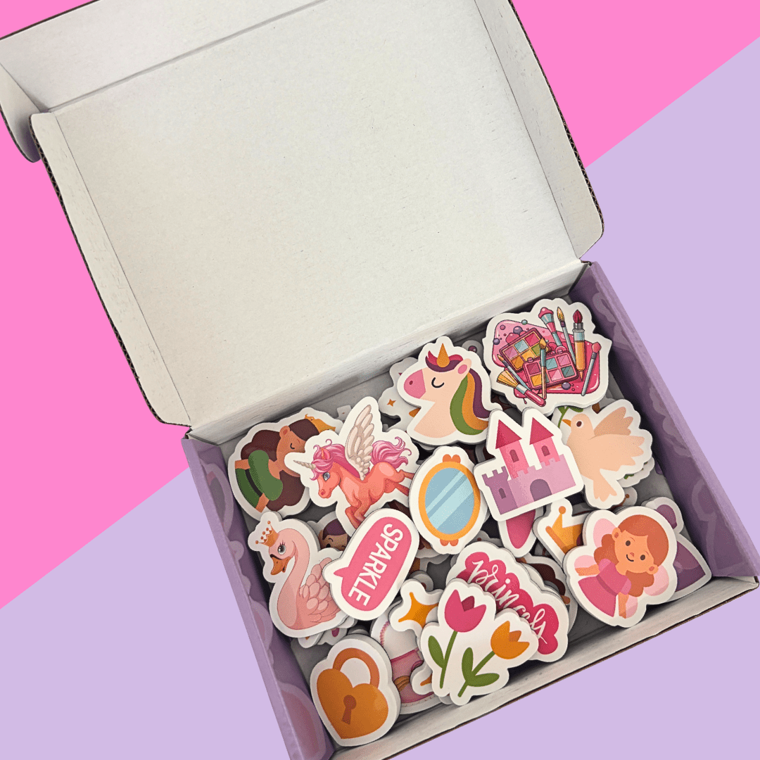 Box of colorful stickers with various designs on a pink and purple background