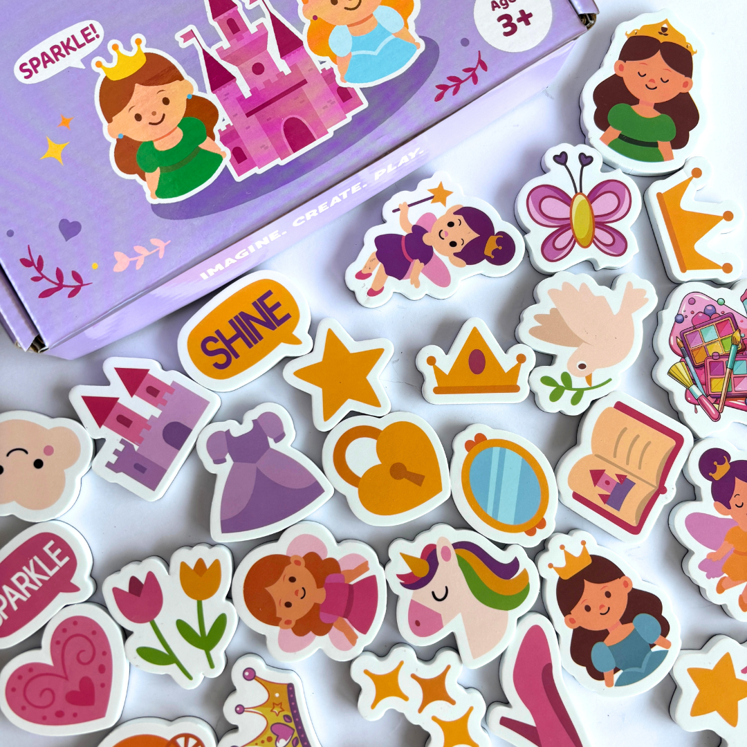 Collection of colorful stickers featuring princesses, castles, and other fairy tale elements on a white background.