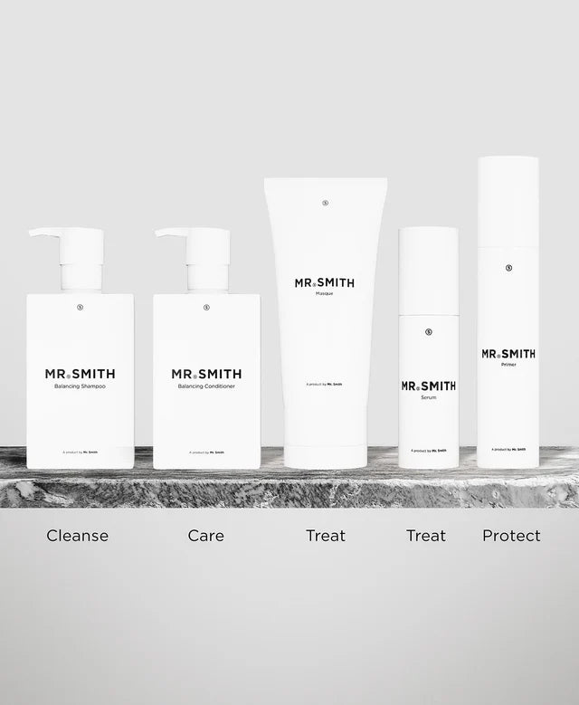 Set of skincare products labeled 'MR. SMITH' on a gray background