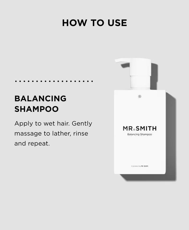 MR. SMITH balancing shampoo bottle with usage instructions on a gray background