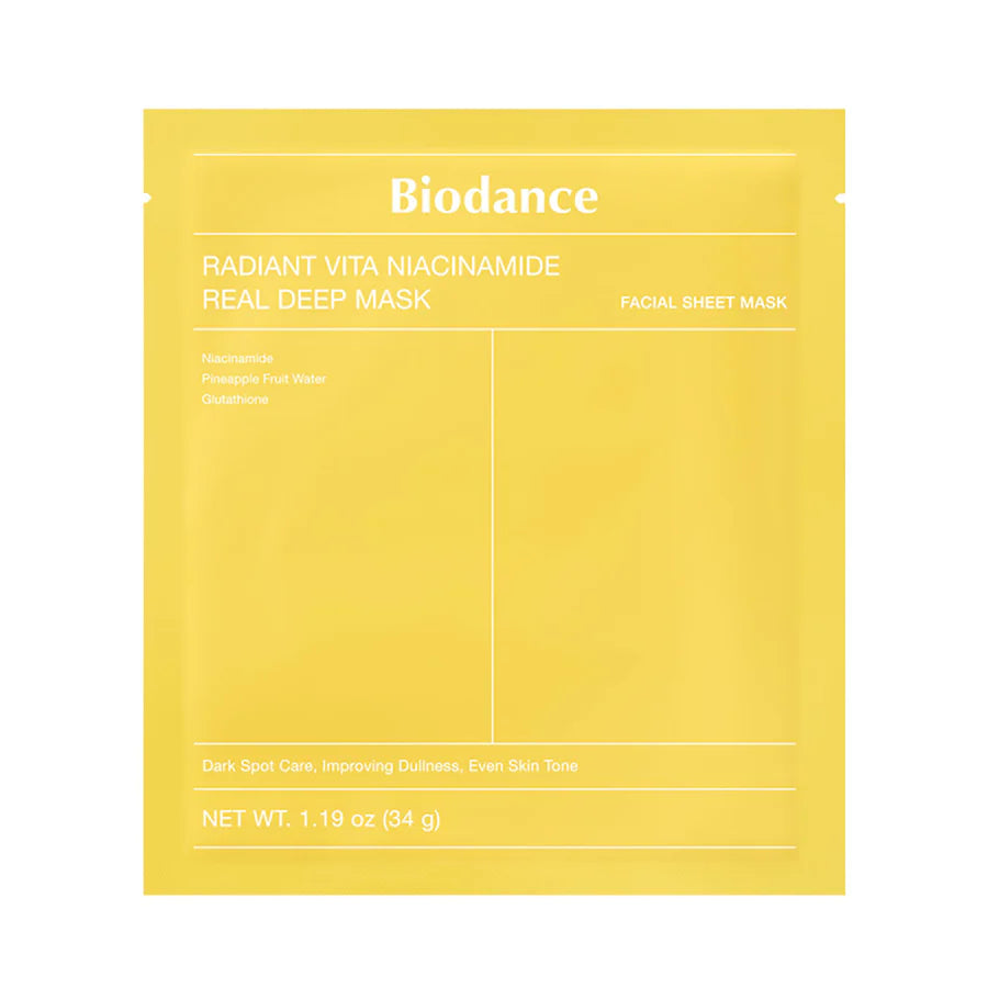 Yellow facial sheet mask packaging with 'Biodance' branding on a white background