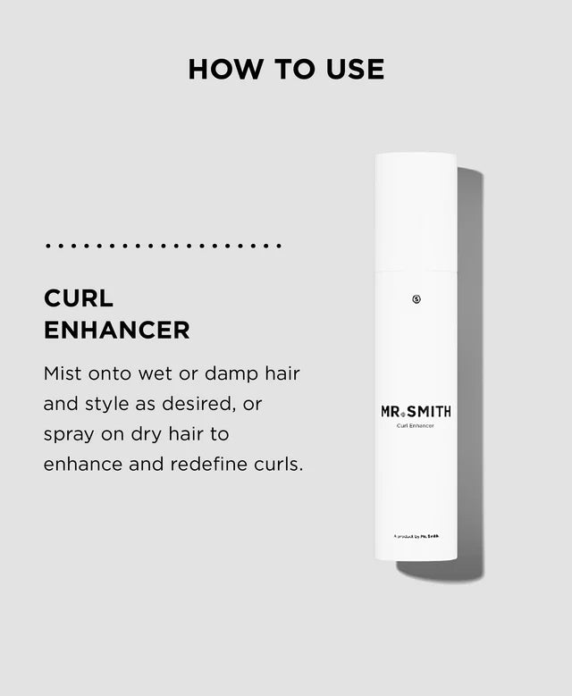MR. SMITH curl enhancer bottle with usage instructions on a light gray background