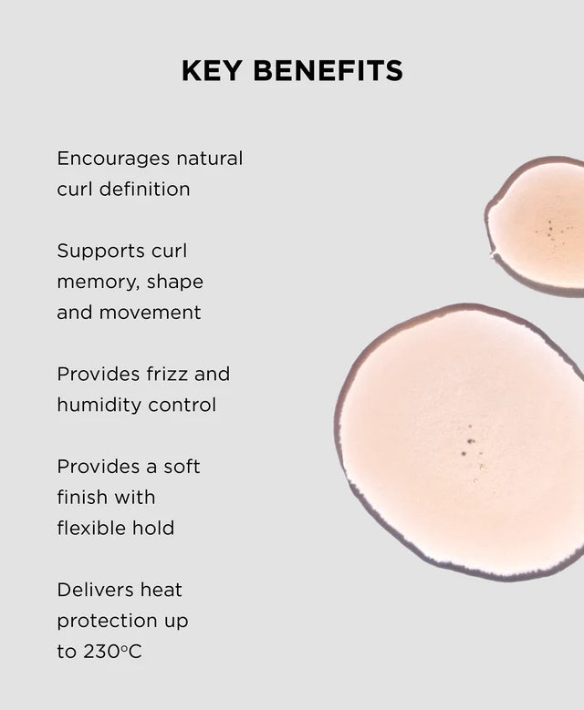 Key benefits of a hair product listed on a gray background with close-up hair strands.