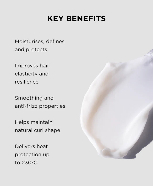 Key benefits of a hair care product listed on a white background with a close-up of the product.
