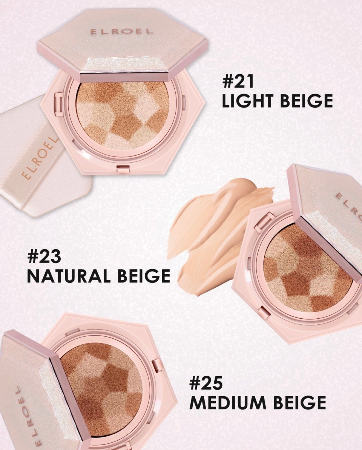 Three Elroel compact powder highlighters in shades of Light Beige, Natural Beige, and Medium Beige, arranged on a light pink textured background with cream swatches and shade labels.