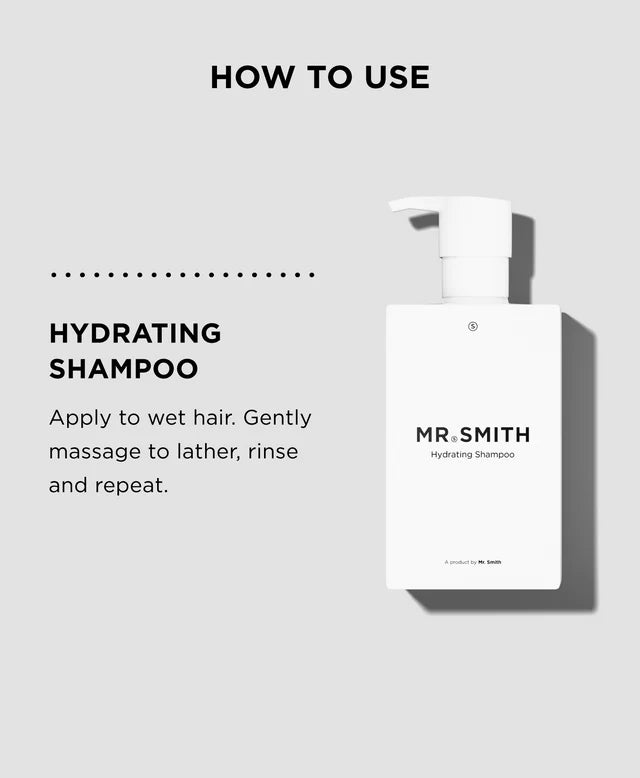 MR. SMITH hydrating shampoo bottle with usage instructions on a light gray background