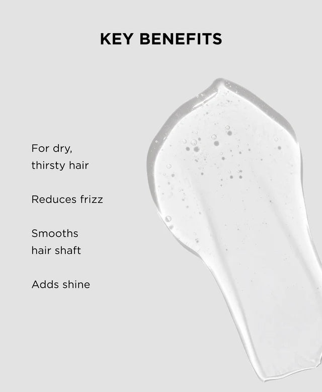 Key benefits of a hair care product with a droplet illustration on a gray background
