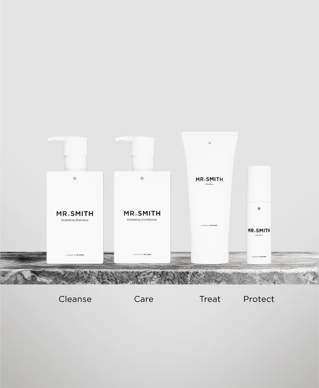 Set of skincare products labeled 'MR. SMITH' on a gray background