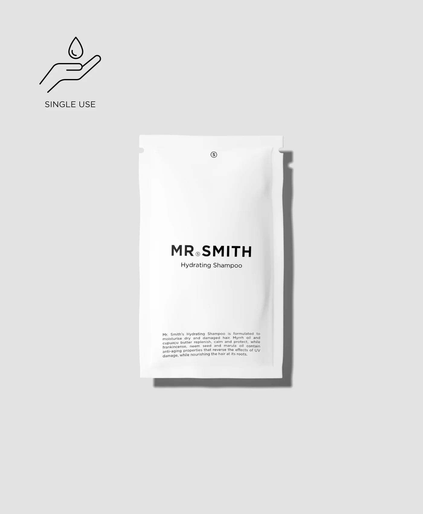 MR. SMITH hydrating shampoo packet on a light gray background