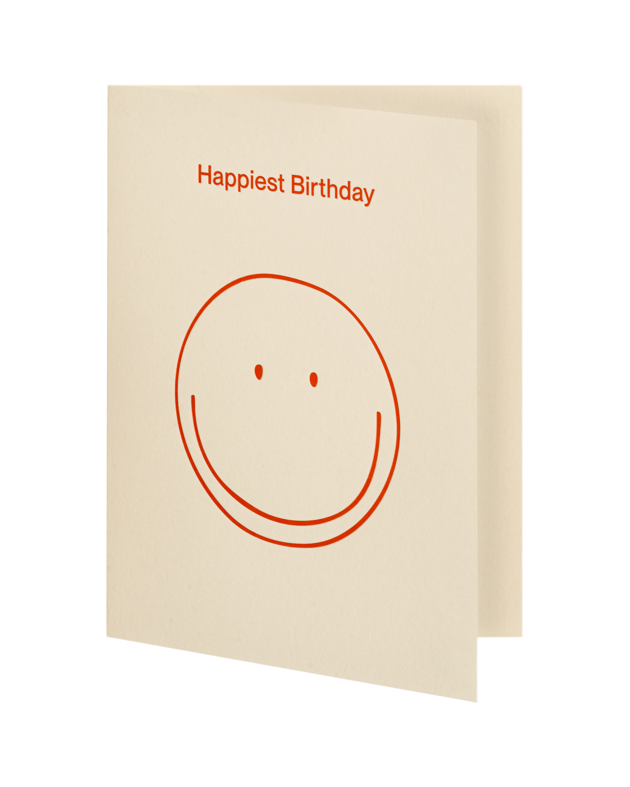 Beige birthday card with red smiley face and 'Happiest Birthday' text on a white background