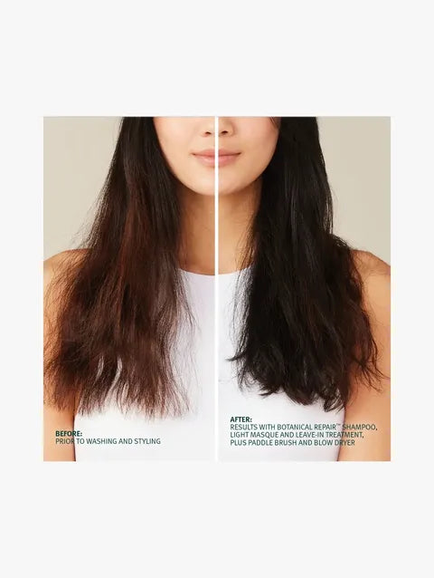 Before-and-after hair care comparison showing a woman's dark brown to black hair, with the 'after' side appearing smoother and healthier. Text at the bottom describes using botanical repair shampoo, a light mask, and a poodle brush.