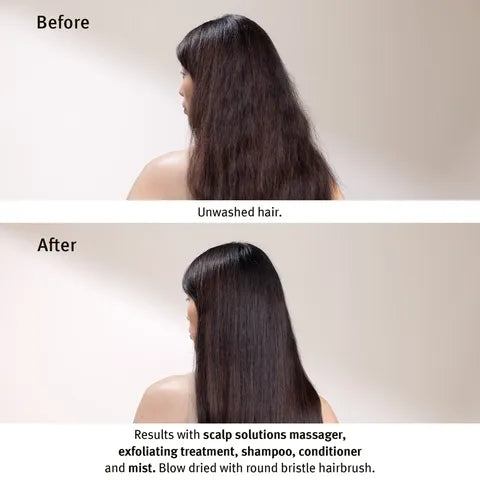 Before and after comparison of unwashed and treated hair with text describing the treatment process.
