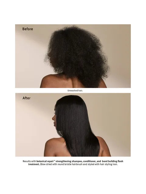 Before-and-after hair styling comparison showing a woman from the back with frizzy, unruly hair labeled 'Before' and smooth, straight hair labeled 'After' against a beige background.