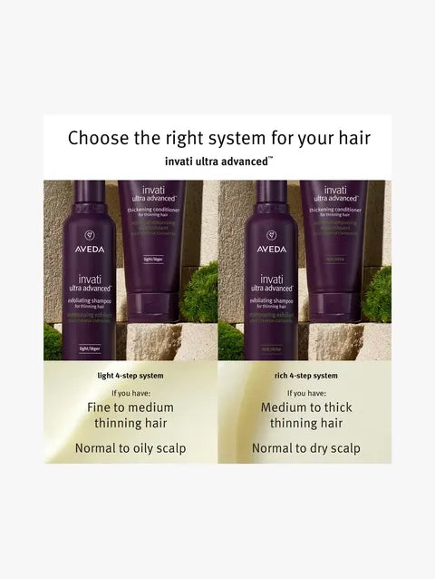 A promotional graphic for Aveda Invati Ultra Advanced hair care products, showing three dark purple bottles on a stone surface with text options for light and rich 6-step systems for thinning and dry scalp hair.