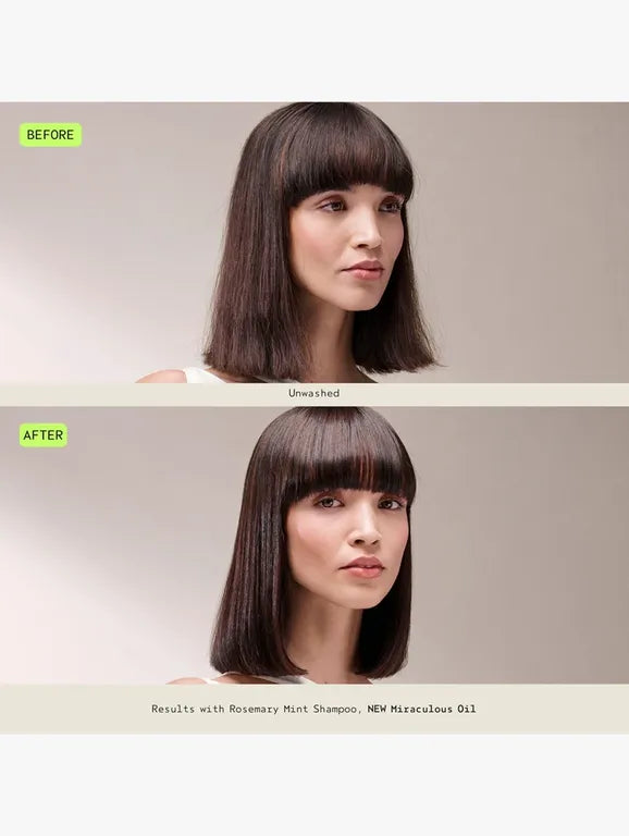 Before-and-after comparison of a woman's hair showing the results of Rosemary Mint Shampoo and Minoxidil Oil. The top panel labeled 'BEFORE' shows medium-length dark brown hair with bangs, labeled 'Unwashed'.