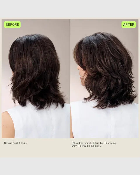 Before-and-after comparison of a woman's shoulder-length dark brown hair, showing unruly washed hair on the left and styled, textured hair on the right. The image features a beige background with text labels 'BEFORE', 'AFTER', and 'Unwashed hair.