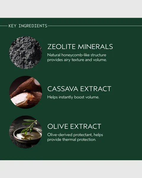 A dark green informational graphic titled 'KEY INGREDIENTS' with three circular ingredient photos and text for zeolite minerals, cassava extract, and olive extract.