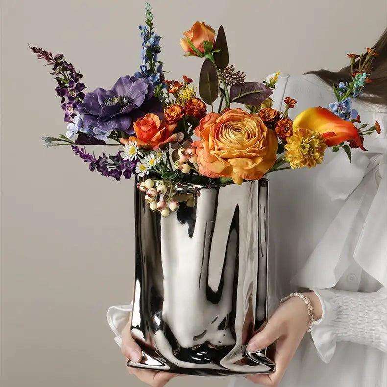 Paper Bag Ceramic Vase - Silver "Le Papier"