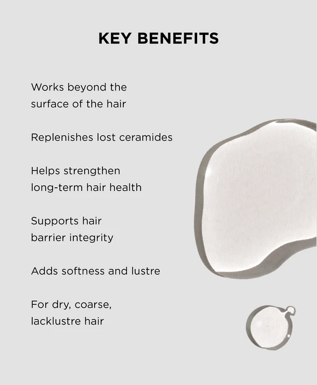 Key benefits of a hair care product on a light gray background