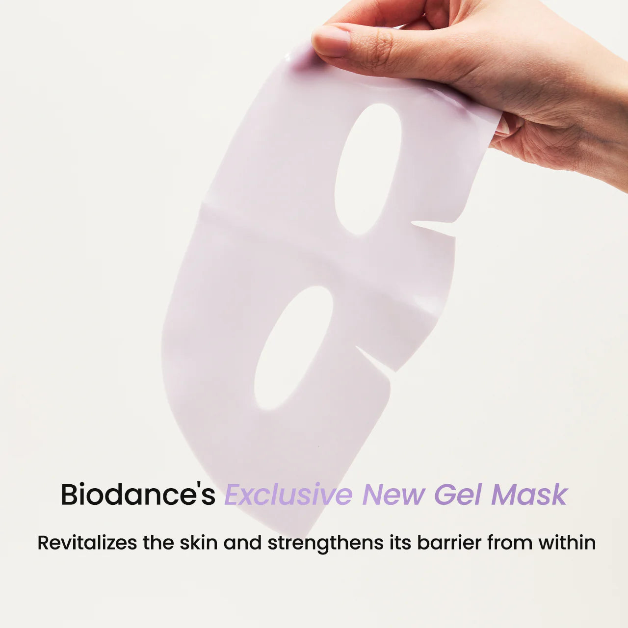 Hand holding a Biodance gel mask with promotional text on a white background