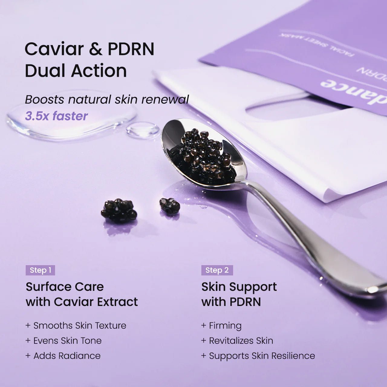 Caviar and PDRN dual action skincare product with spoon and packaging on a purple background