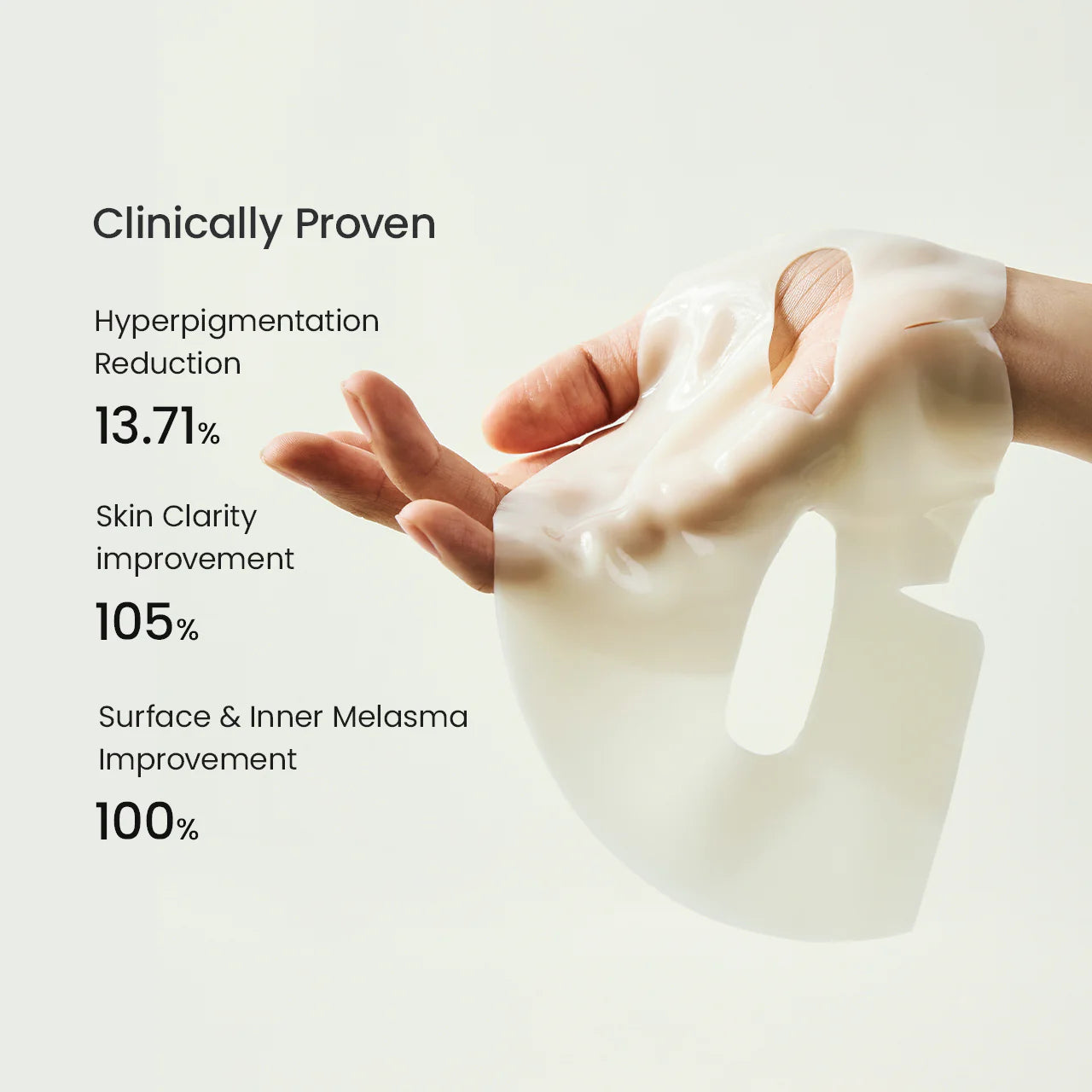 Hand holding a white sheet mask with clinical benefits text on a light background