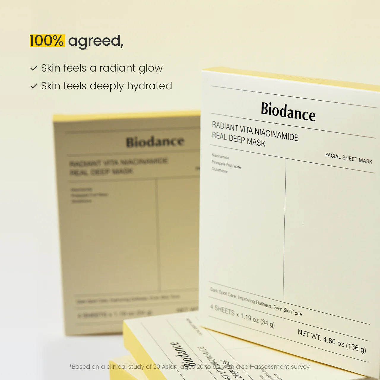Biodance facial sheet mask packaging with text on a beige background