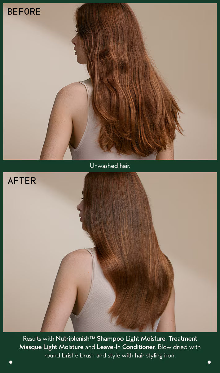 Before and after comparison of unbrushed and styled hair with product names listed.