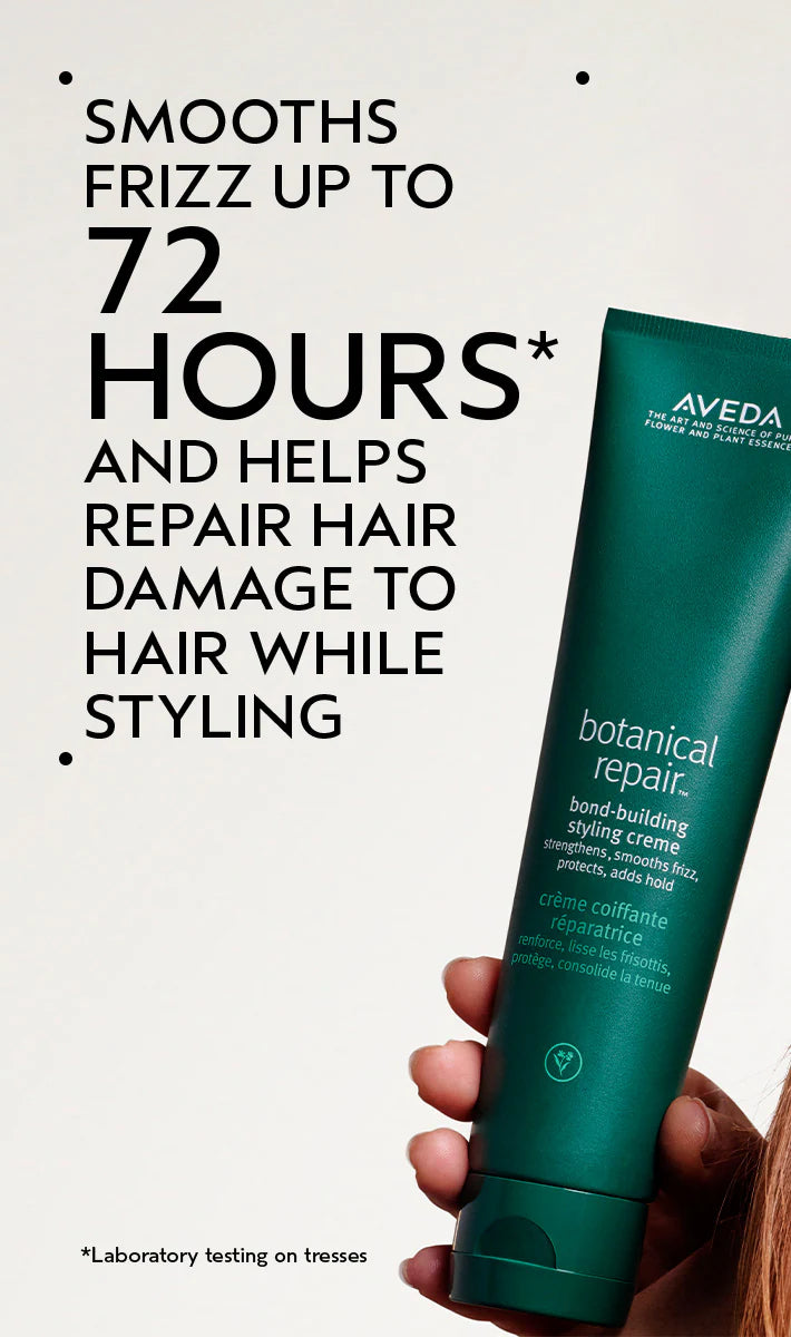 Aveda botanical repair product with text about hair care benefits on a white background