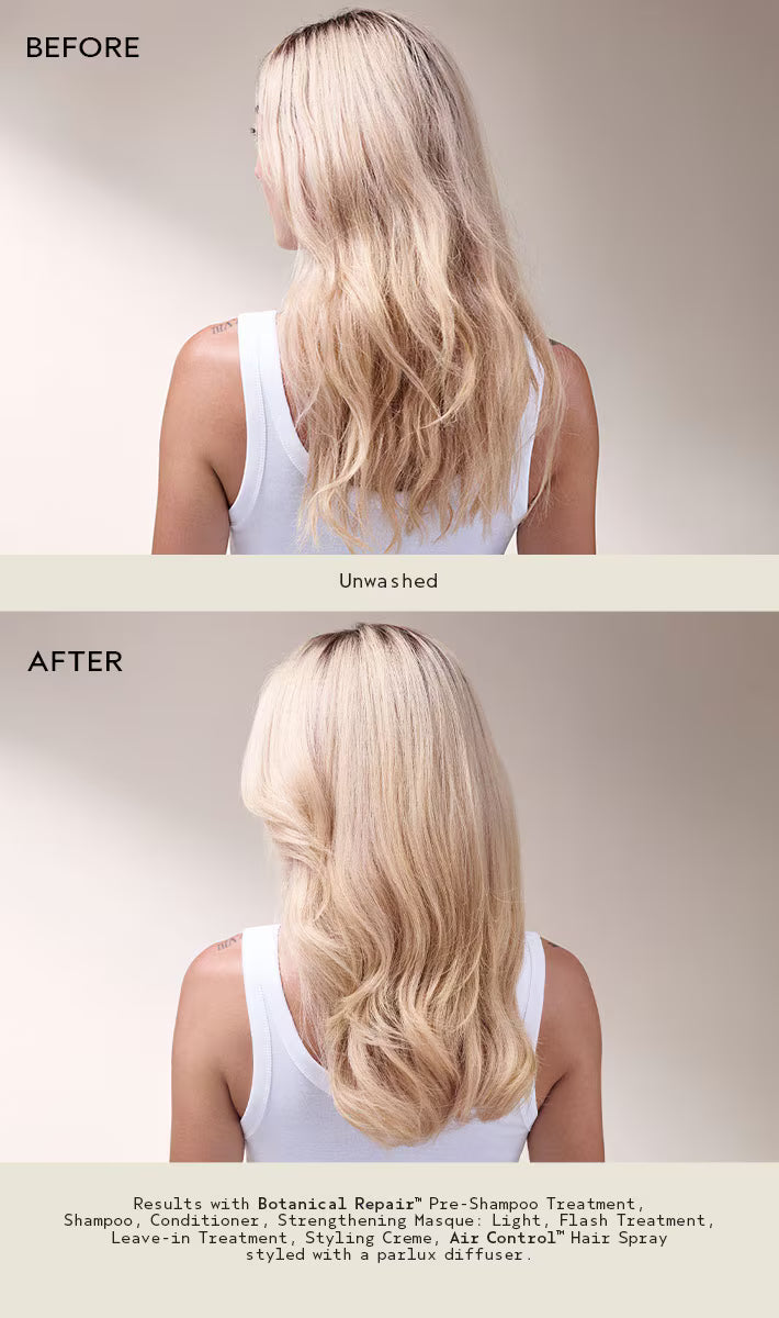 Before and after comparison of blonde hair with a person wearing a white tank top.