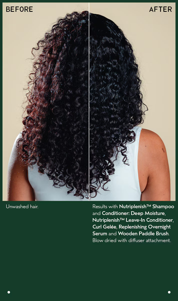 Before and after comparison of curly hair with Nutriplenish products.
