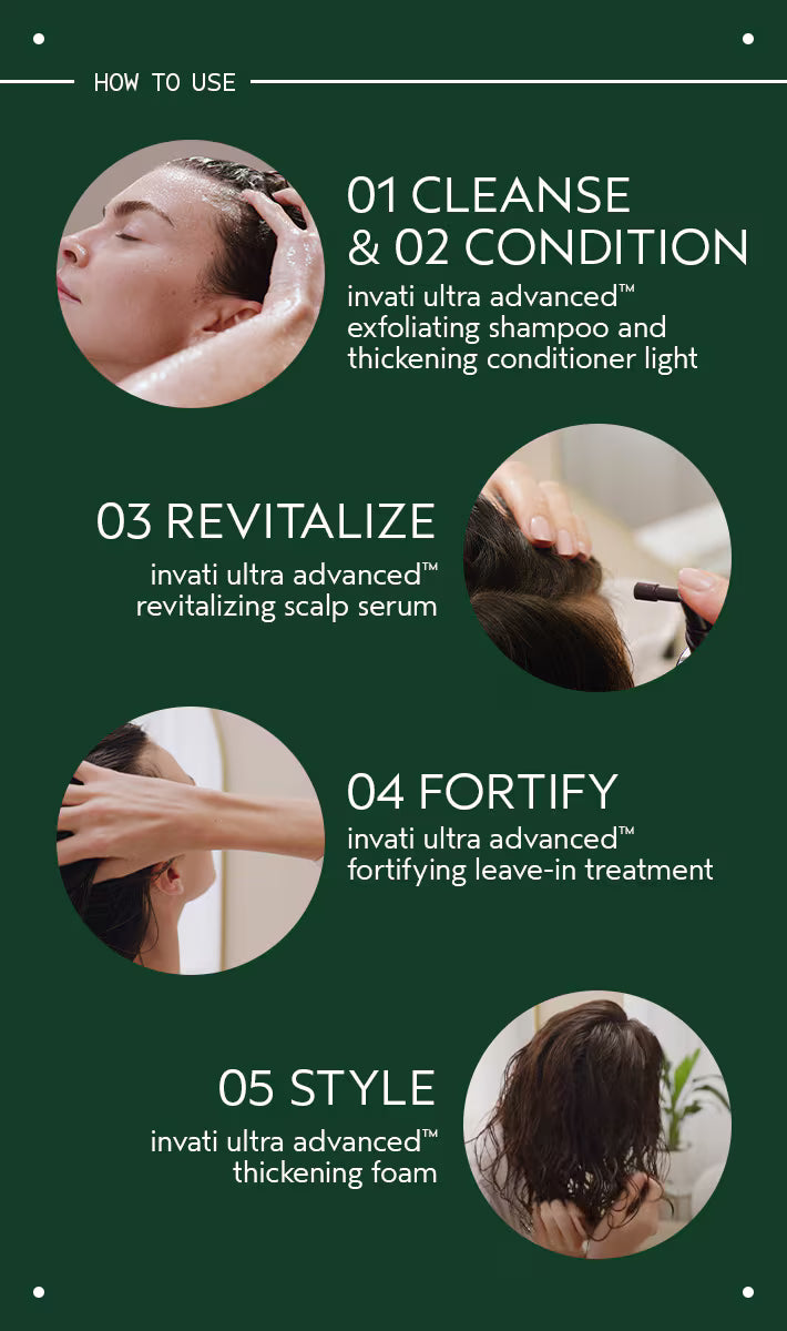 Step-by-step hair care routine with product application on a green background