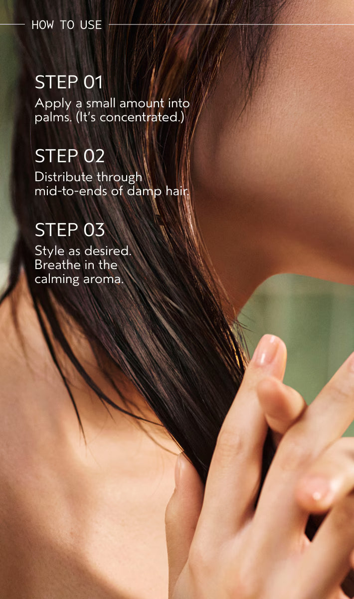 Step-by-step guide for using a hair product with close-up of hair and hands.