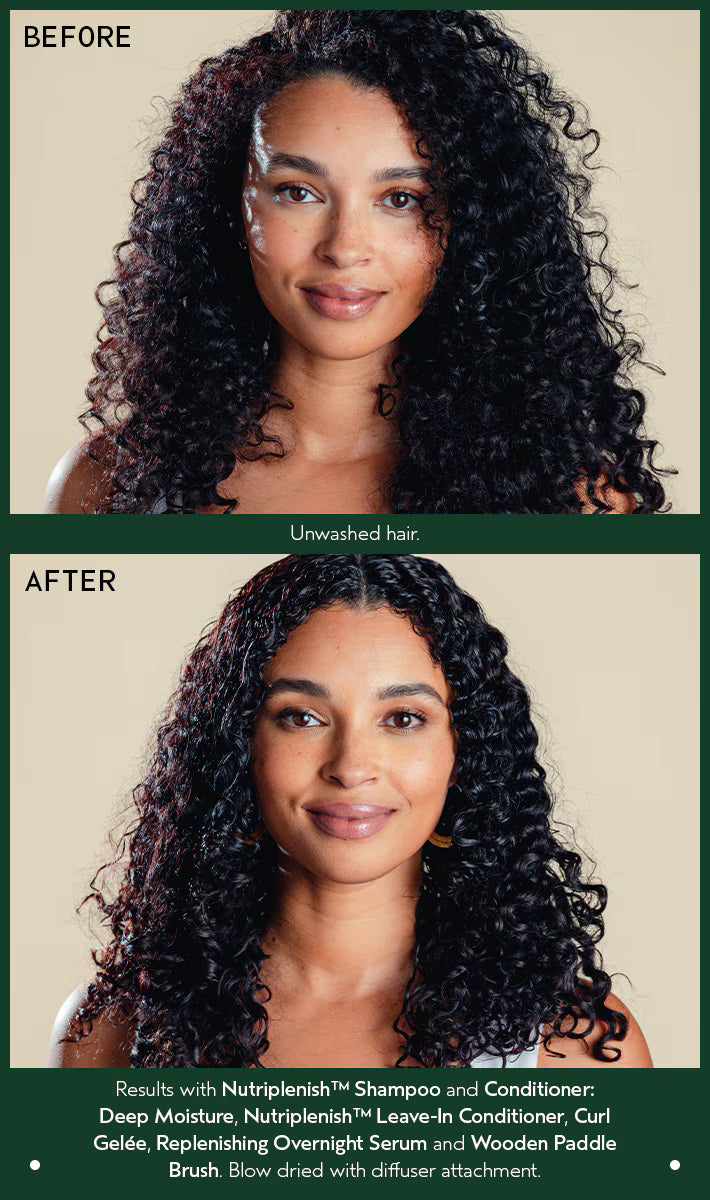 Before and after comparison of a woman's hair with Nutriplenish products.
