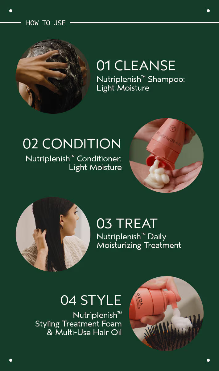 Step-by-step guide on how to use Nutriplenish hair care products with images and text.
