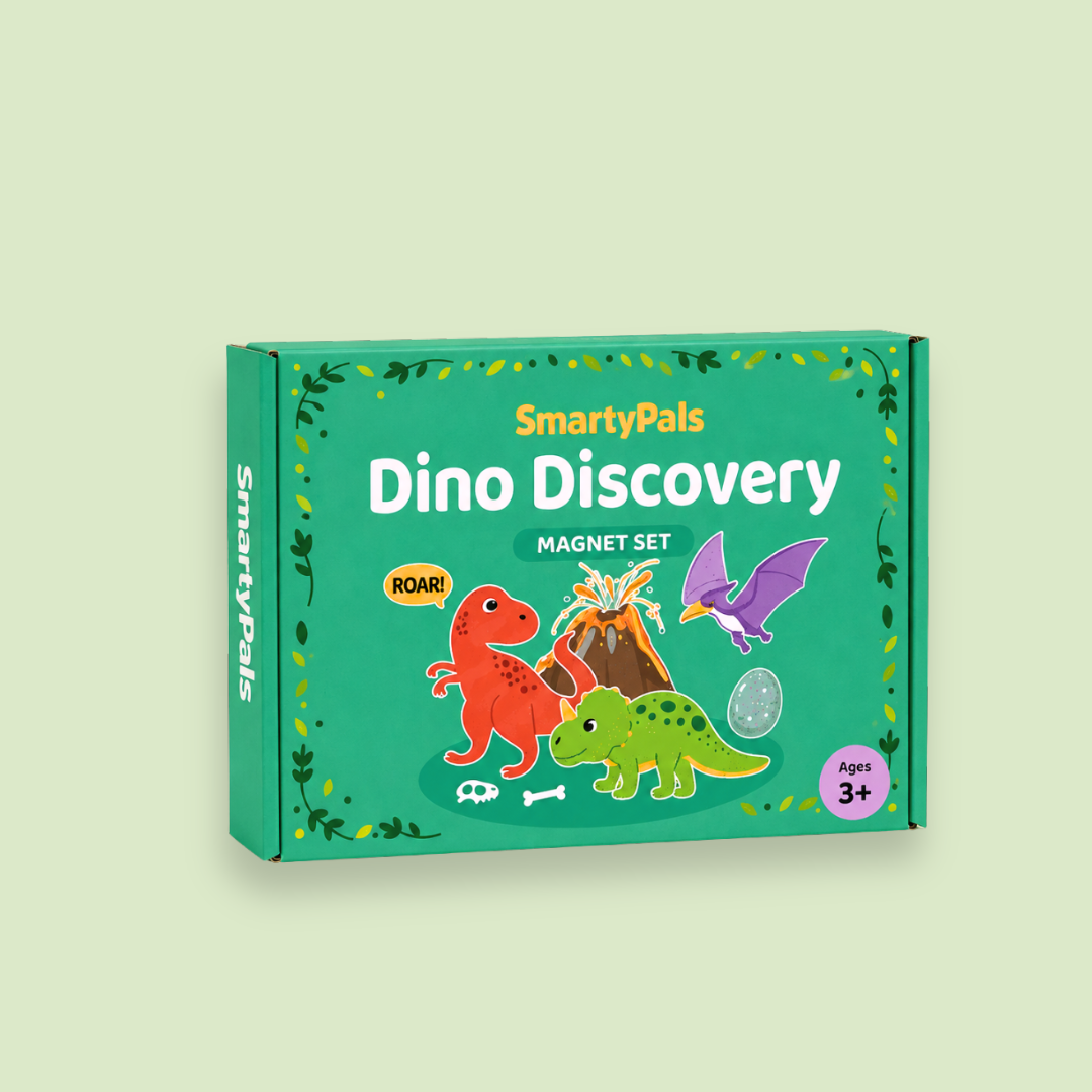 A boxed children's dinosaur magnet set called SmartyPals Dino Discovery Magnet Set, shown in a green box with colorful dinosaur illustrations on a pale green background.