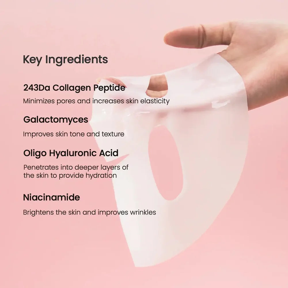 Skin care mask sheet held by a hand with key ingredients listed on a pink background