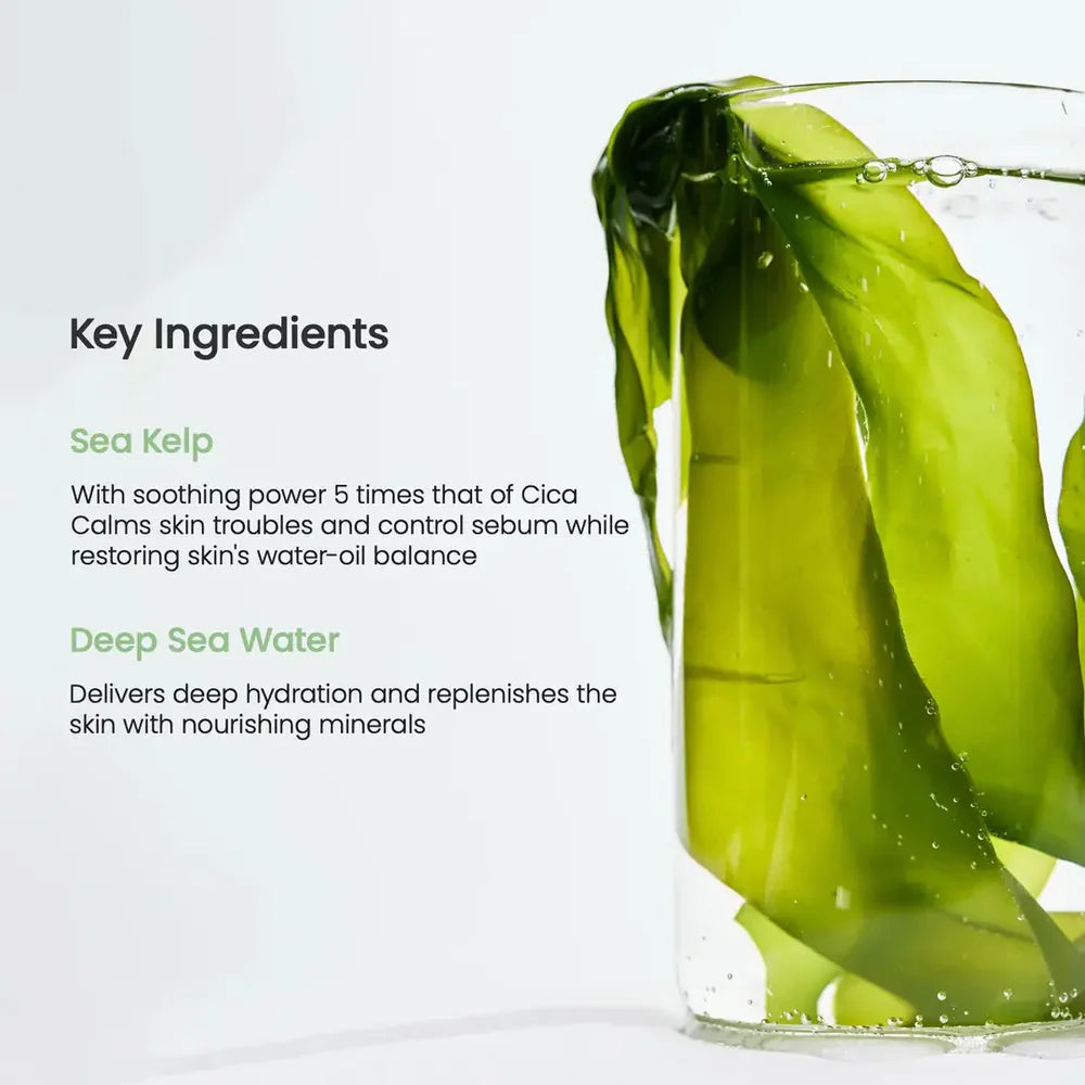 Glass of water with green seaweed and text about key ingredients on a white background