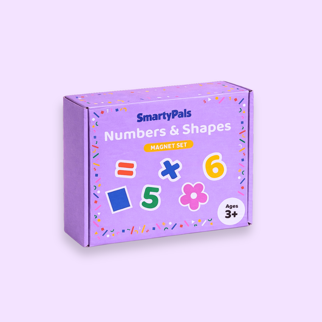 A purple box of SmartyPals Numbers & Shapes Magnet Set, featuring colorful math symbols and shapes on the front, set against a light lavender background.