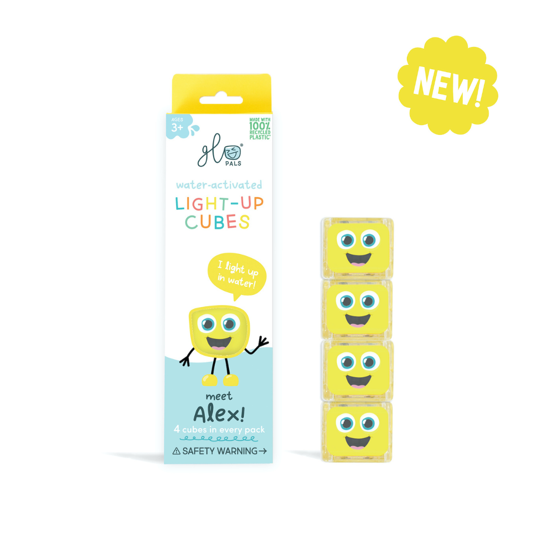 Packaging of light-up cubes with a character design on a white background