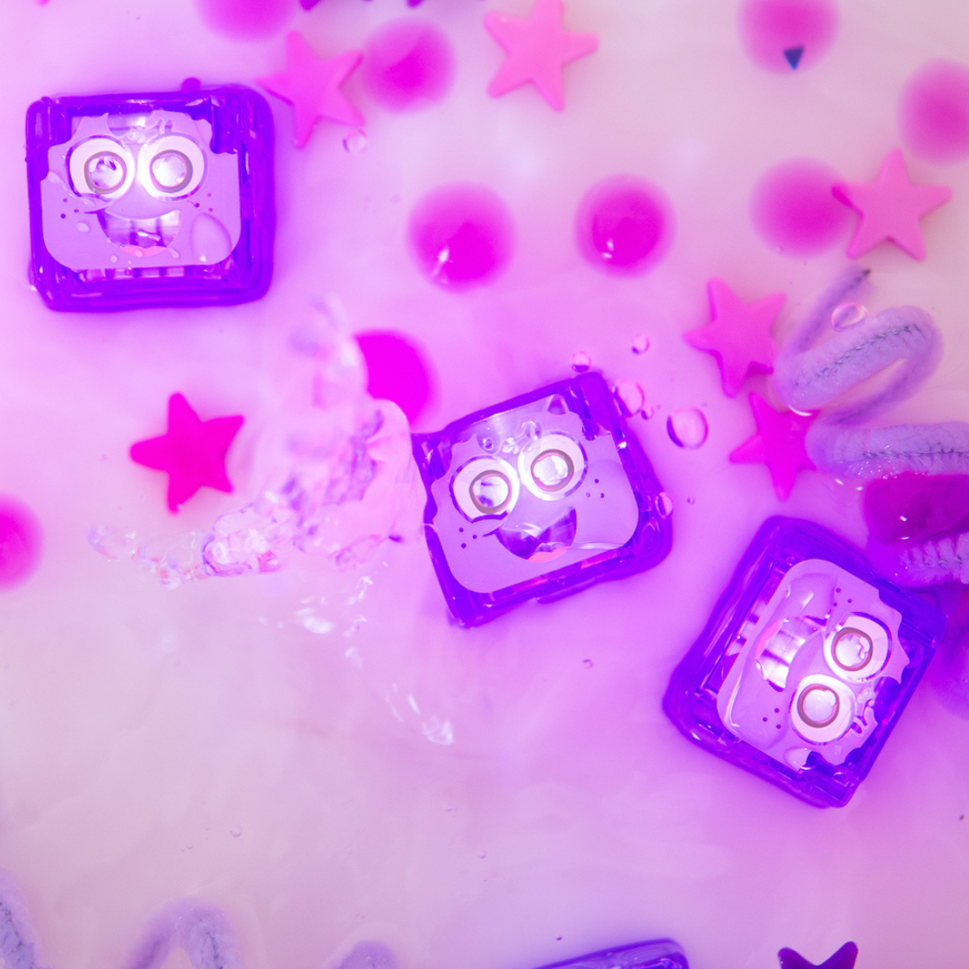 Purple toys with cartoon faces on a pink and white background