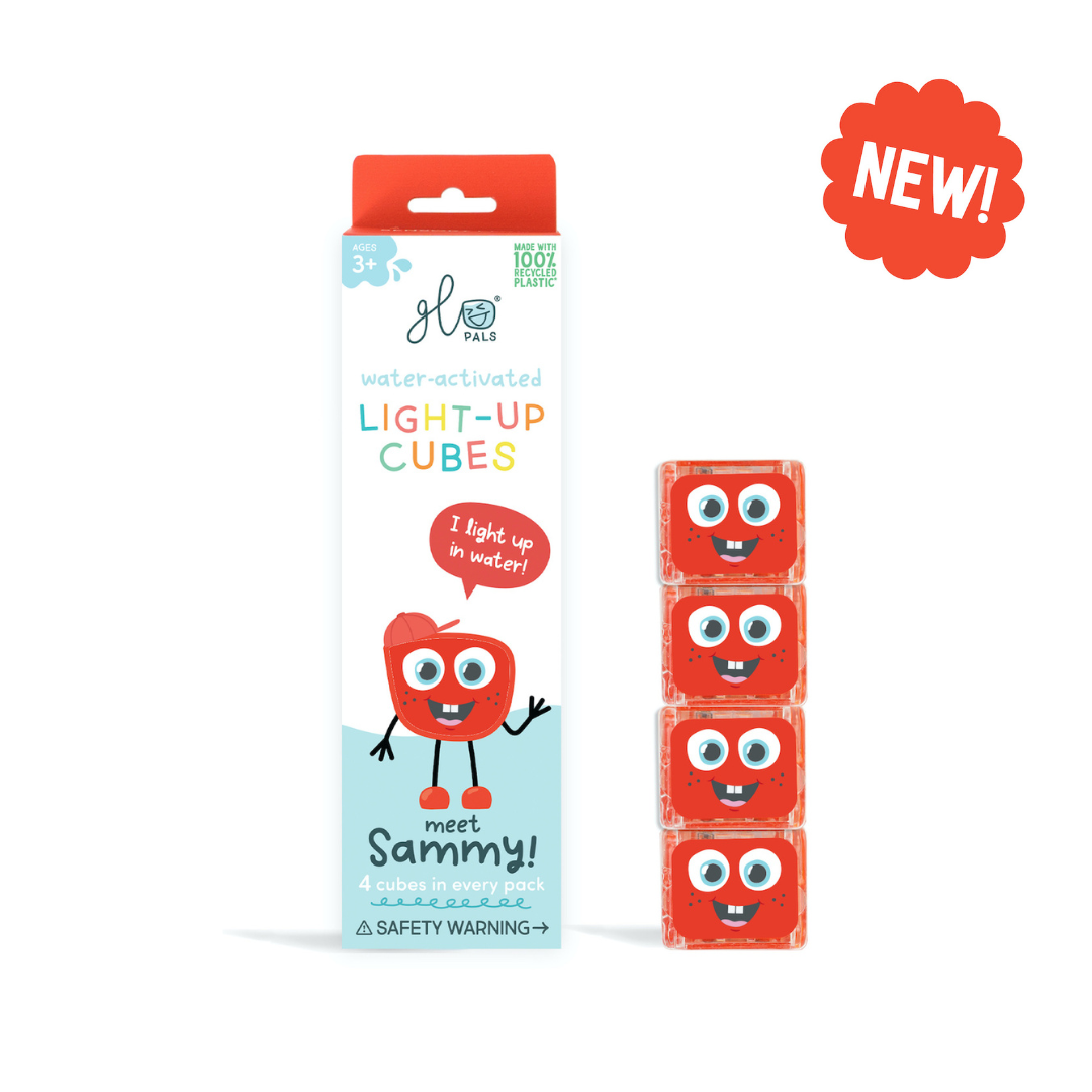 Packaging of glo cubes with Sammy the character and water-activated light-up cubes on a white background.