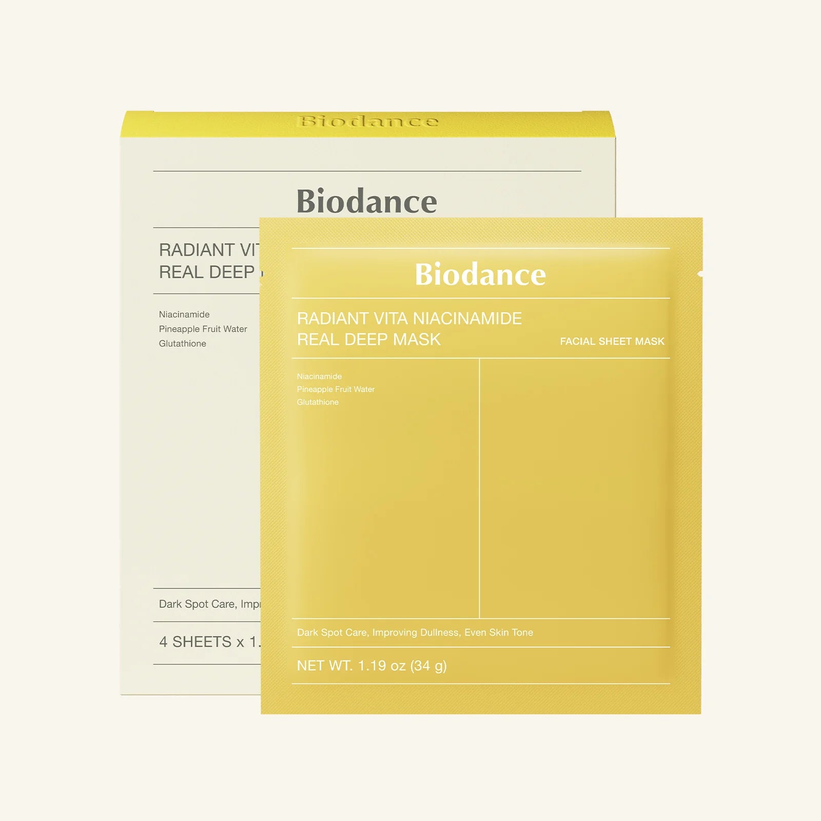 Biodance Radiant Vita Niacinamide Real Deep Mask packaging on a white background