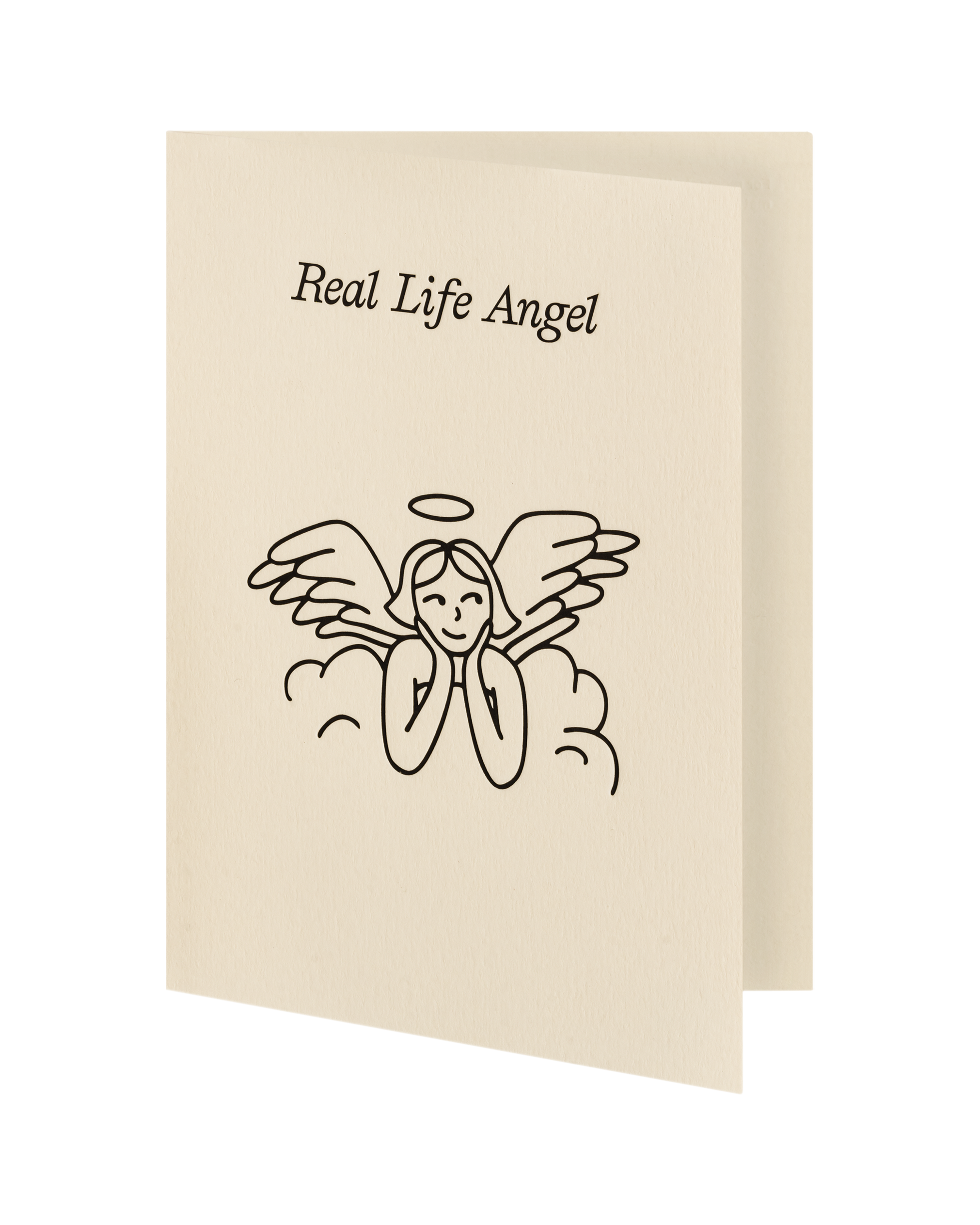 Beige greeting card with an illustration of a person with wings and 'Real Life Angel' text on a white background