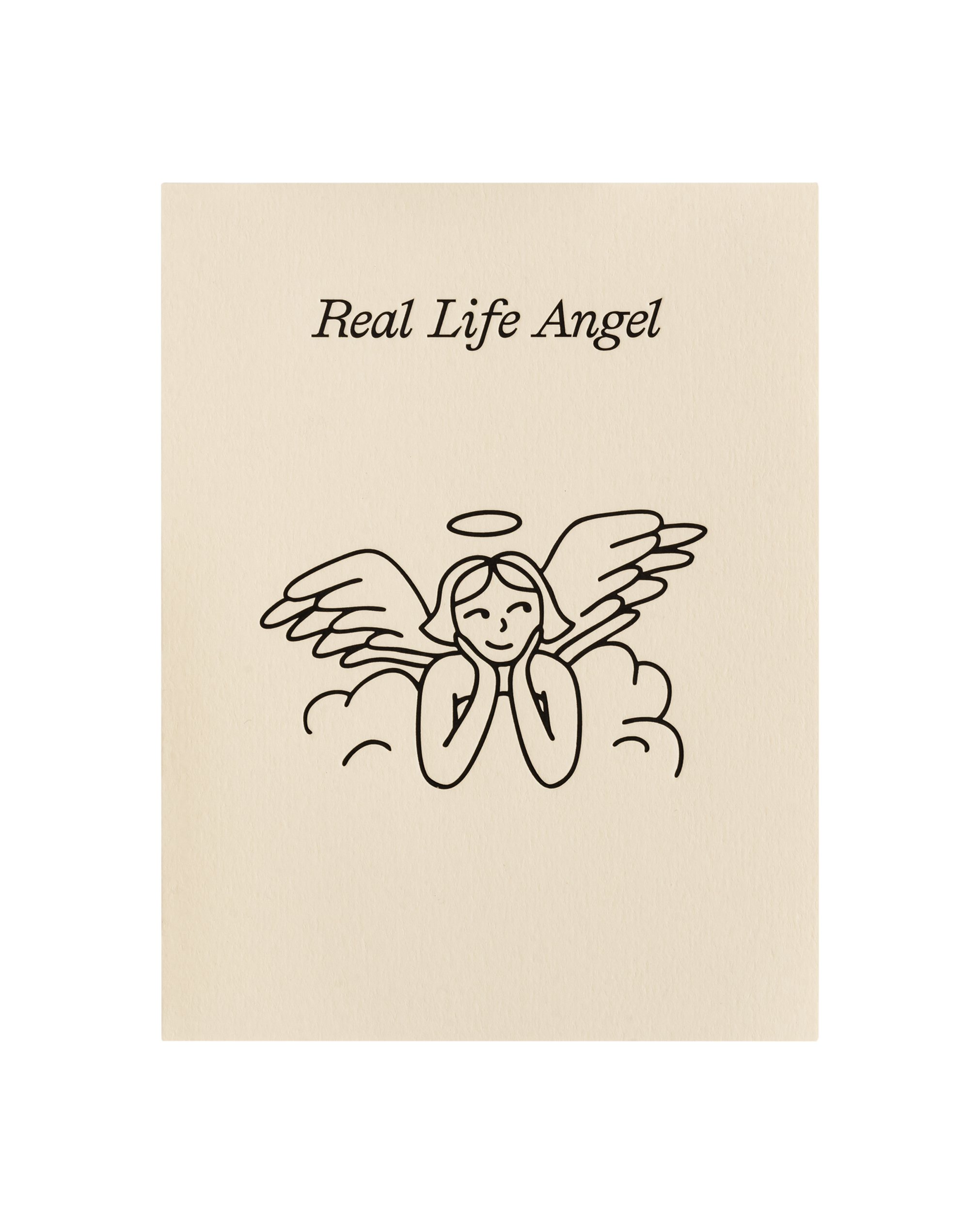 Illustration of an angel with 'Real Life Angel' text on a beige background