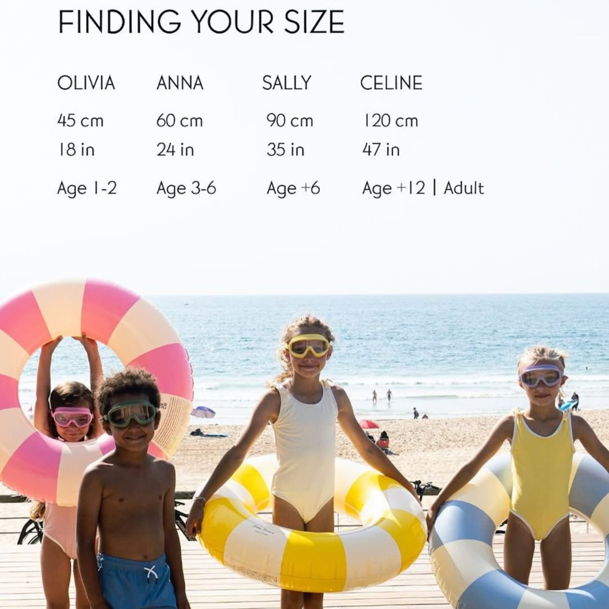 Children with inflatable rings on a beach, size chart overlayed